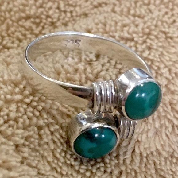 VINTAGE Green Turquoise Sterling Silver Bypass Ring Sz 9.5 - Picture 7 of 8